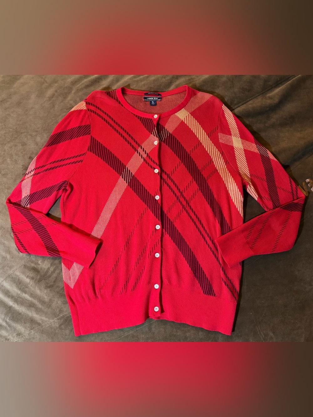 Lands' End Red Plaid Button-Front Cardigan with Cream Accents